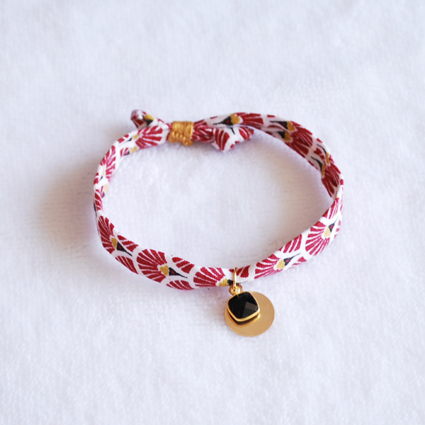 bracelet tissu coton oeko-tex zéro-déchet plaqué or Vic & Pic bijou eventails rouges pierre noire
